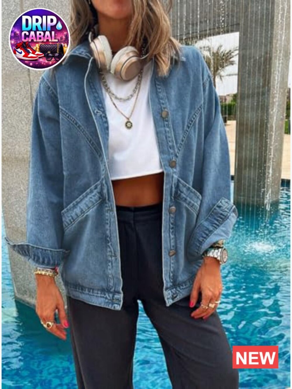 Oversized Button Up Denim Jacket Shacket Long Sleeve with Pockets - Picture 4 of 6